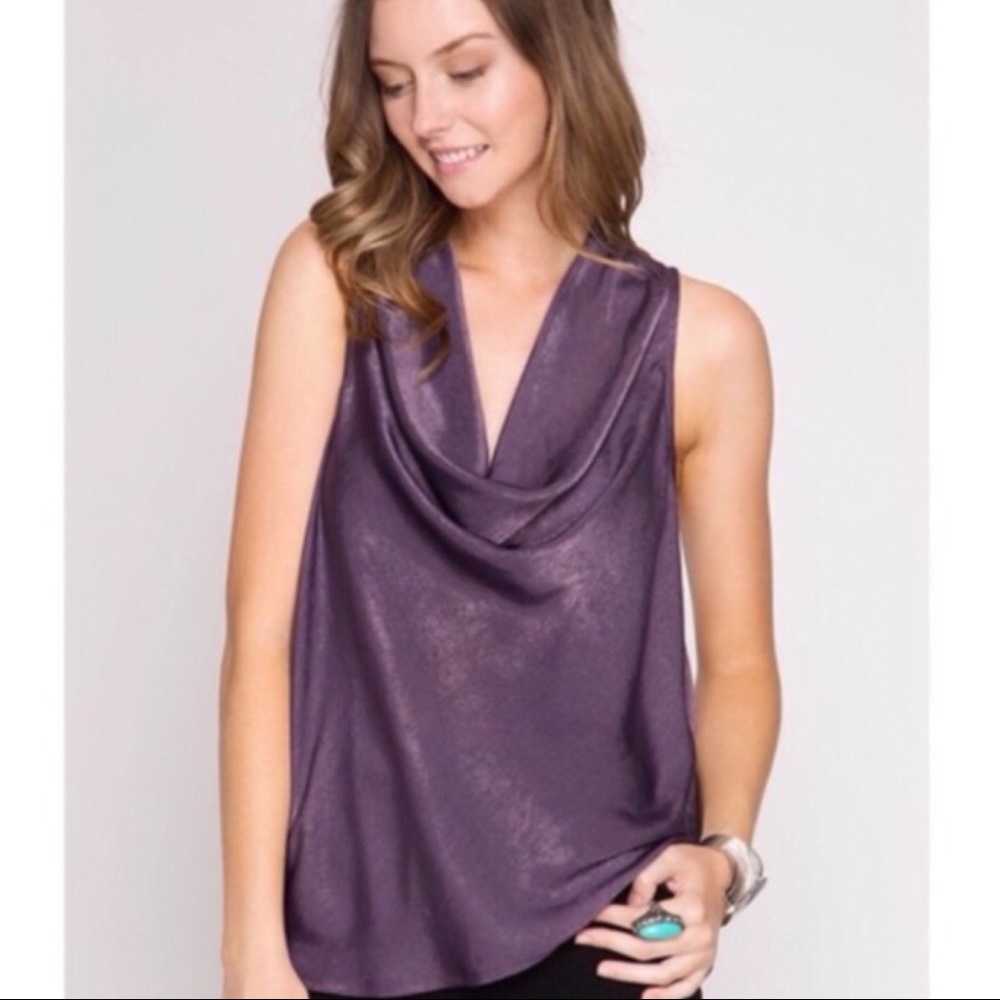 Purple Satin Cowl Neck Blouse - Picture 2 of 5